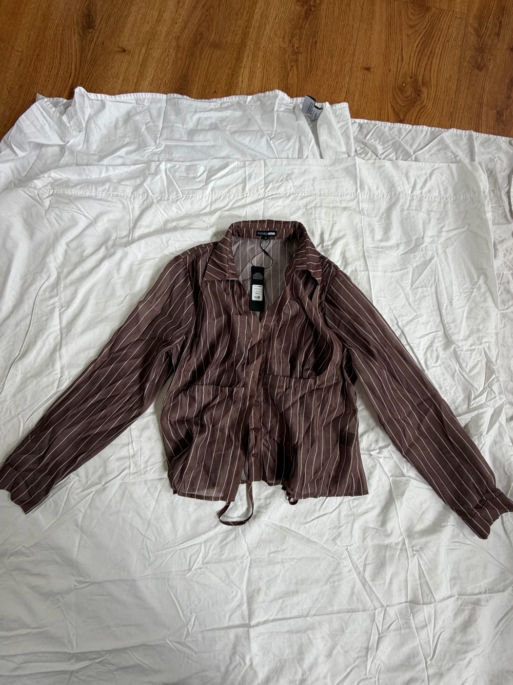Fashion Nova Brown Pinstripe Drawcord Blazer Jacket